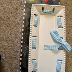 White ceramic rectangle Tray with Blue Gingham and assorted holiday ribbons